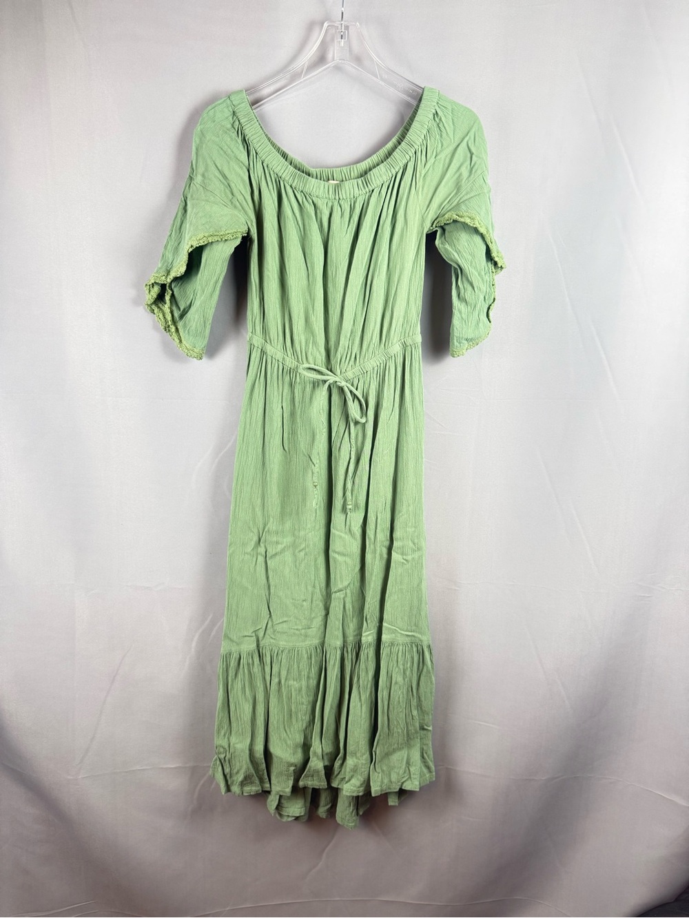 Harlow & Rose Sage Green Boho Midi Dress Off Shoulder Small